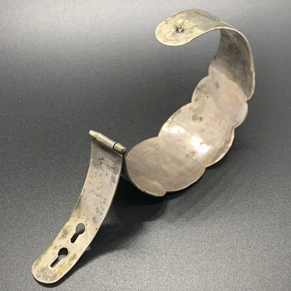 Vintage Sterling Silver Niello Hinge Cuff Bangle Boho Bracelet Flower Inlay - Picture 3 of 9